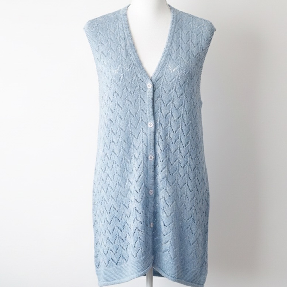 Vintage Pastel Blue Pointelle Knit Cardigan Sweater Vest Ramie Cotton Size Large